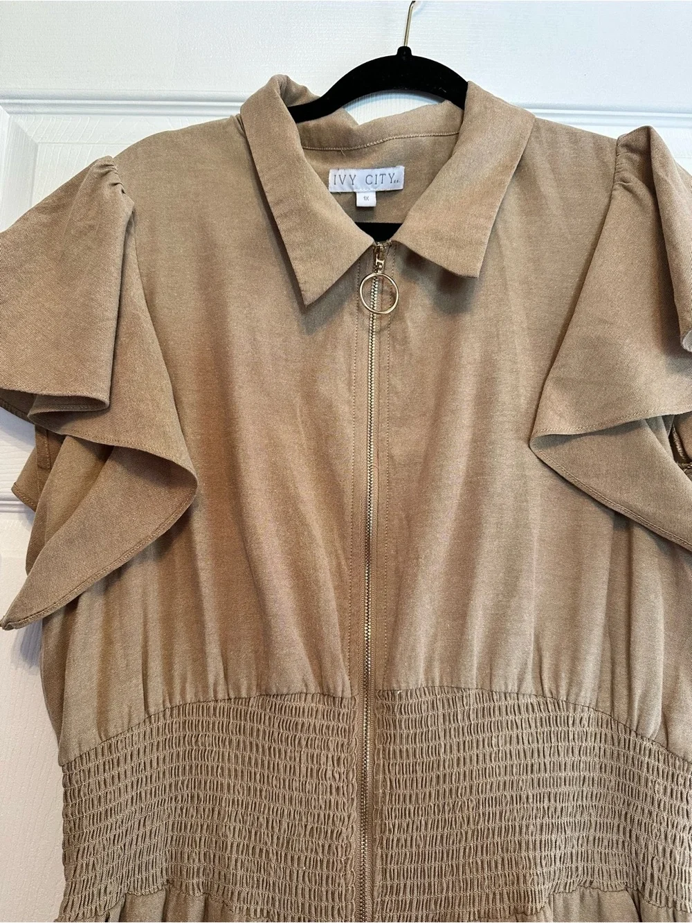 Ivy City Co Betsy Beige Short-Sleeve Smocked-Waist Jumpsuit